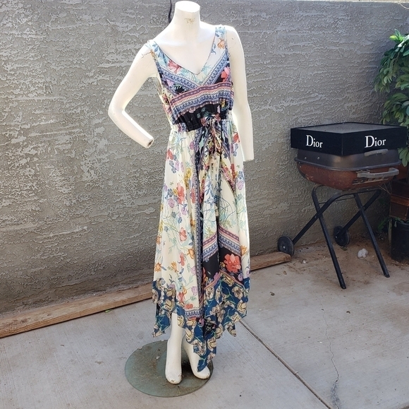 JOHNNY WAS CASSIA SILK LONG DRESS HANDKERCHIEF‎ CINCH LINED BOHO - Picture 2 of 10